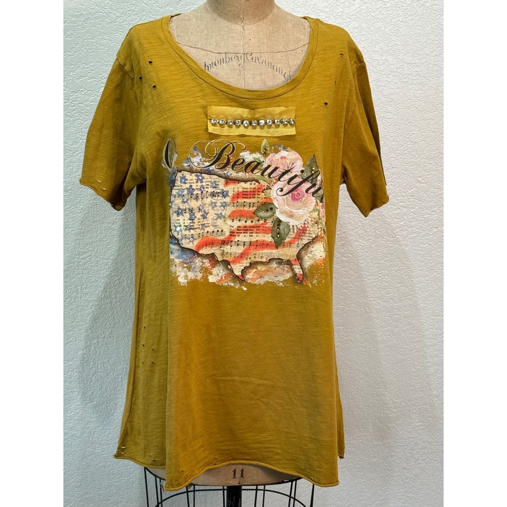A Rare Bird Womens L/XL Mustard Yellow O Beautiful USA Distressed T-Shirt NWT